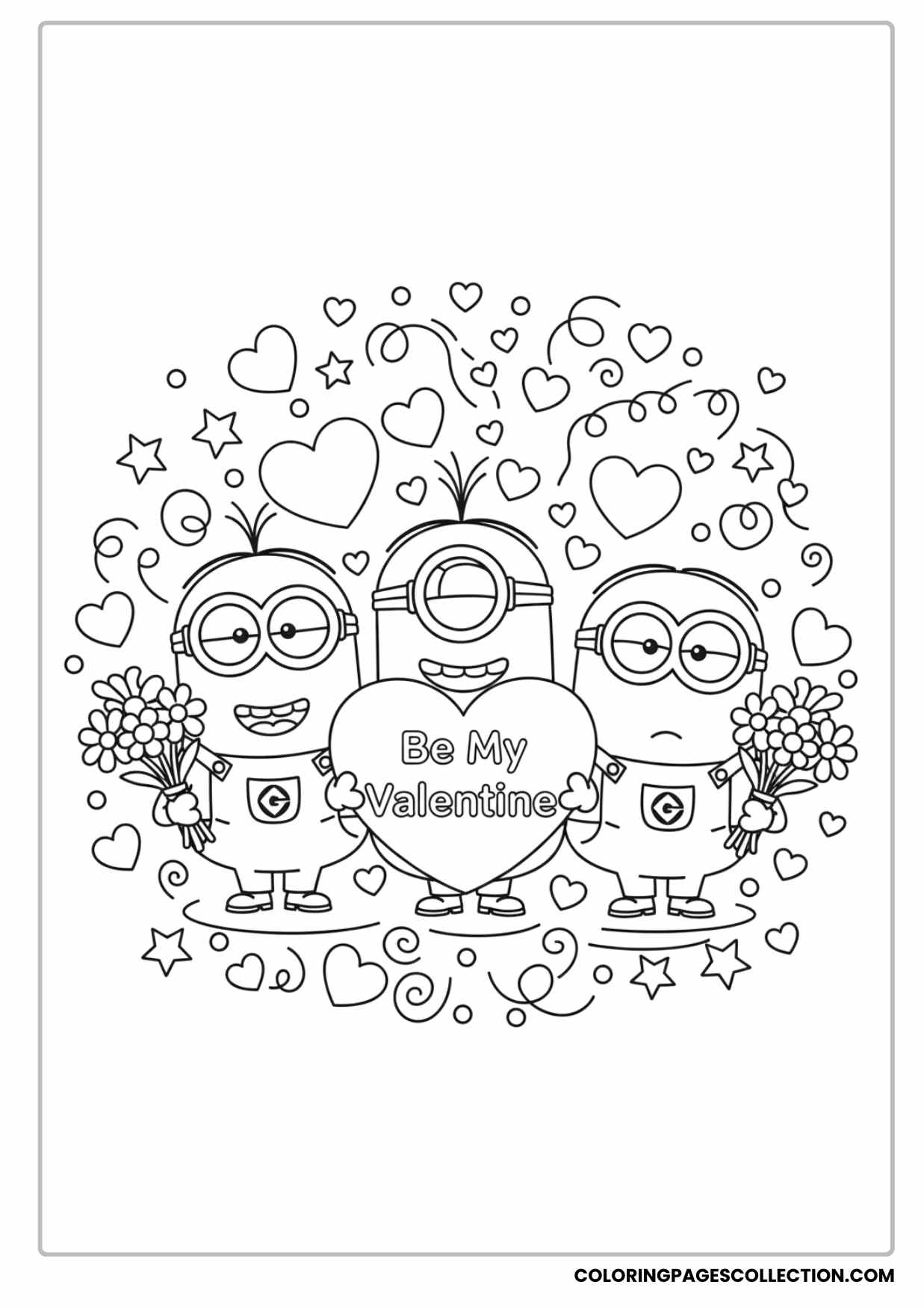 Minions With Valentine Hearts and Flowers Coloring Page