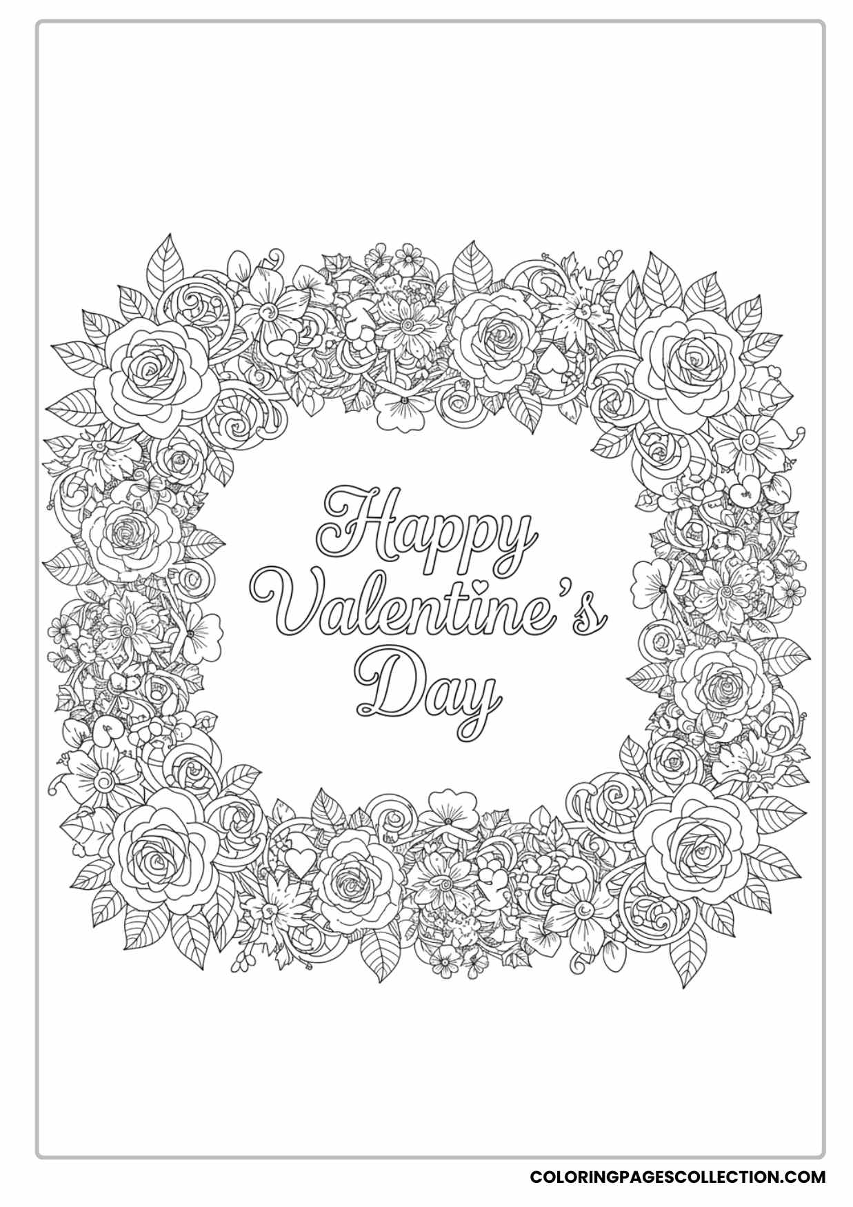 Detailed Valentine’s Day Floral Frame Around ‘happy Valentine’s Day’ Text Coloring Page