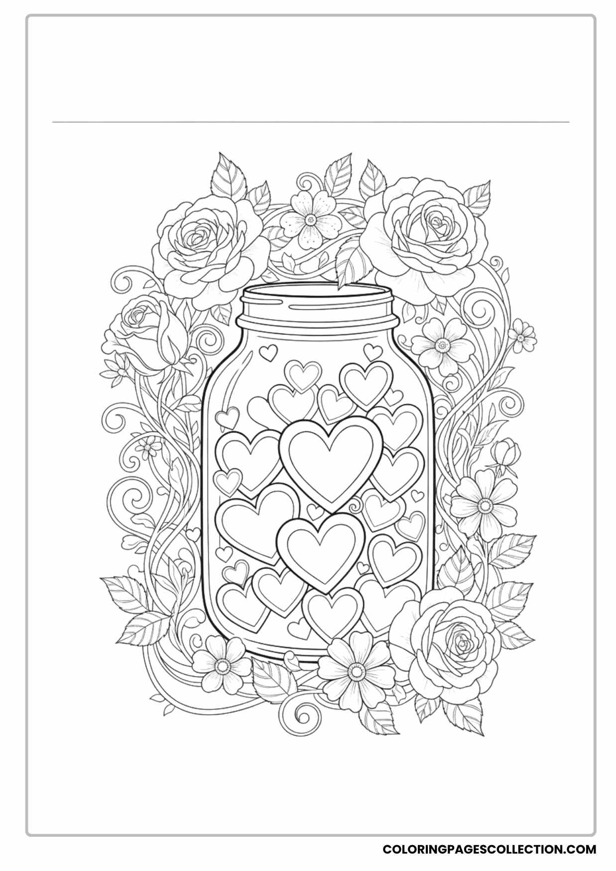 Jar of Hearts With Overlapping Roses Coloring Page