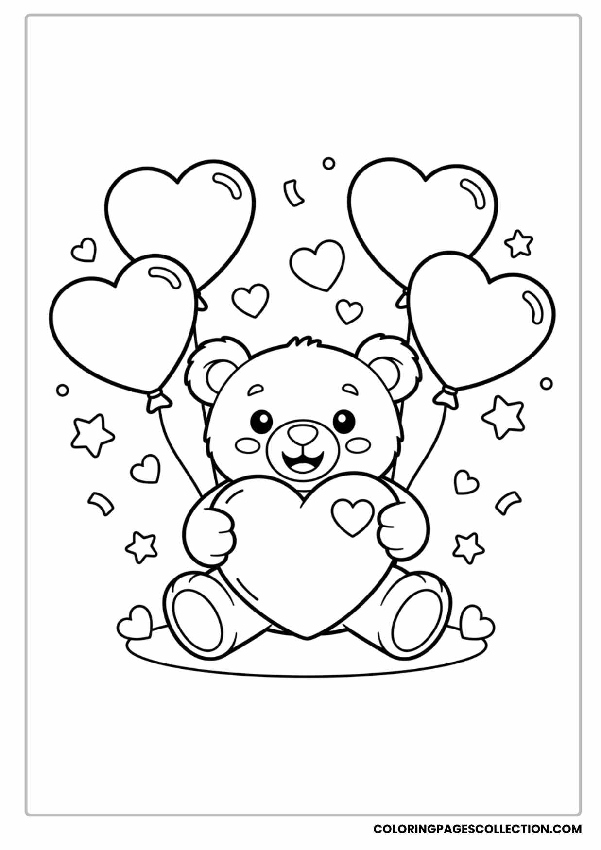 Teddy Bear Holding a Big Heart Surrounded by Heart Balloons Coloring Sheet