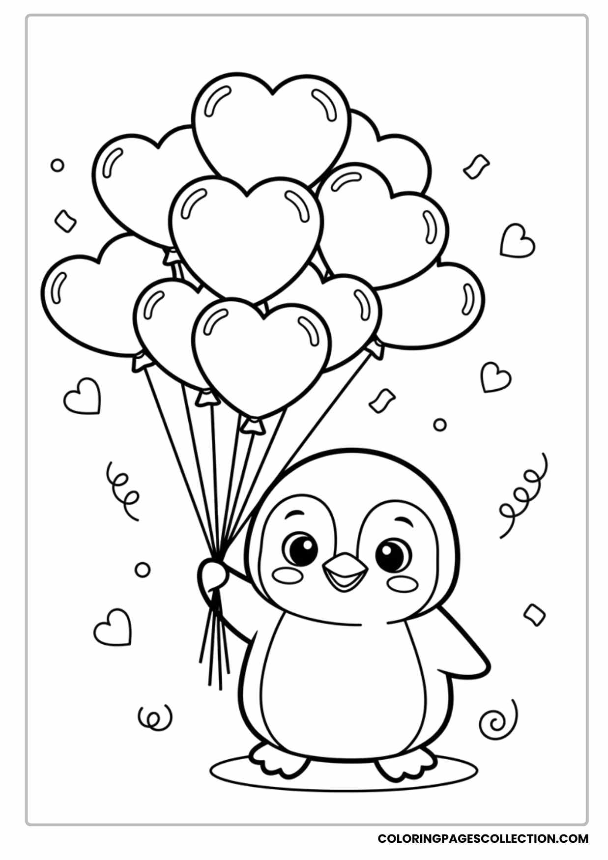 Adorable Penguin Holding Heart Balloons Valentine Coloring Page for Kids
