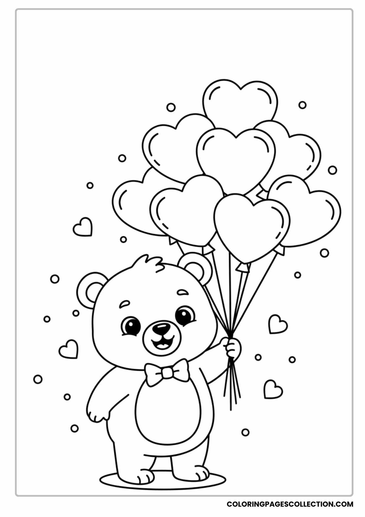 Cute Baby Bear Holding Heart Balloons Printable Valentine Coloring Page