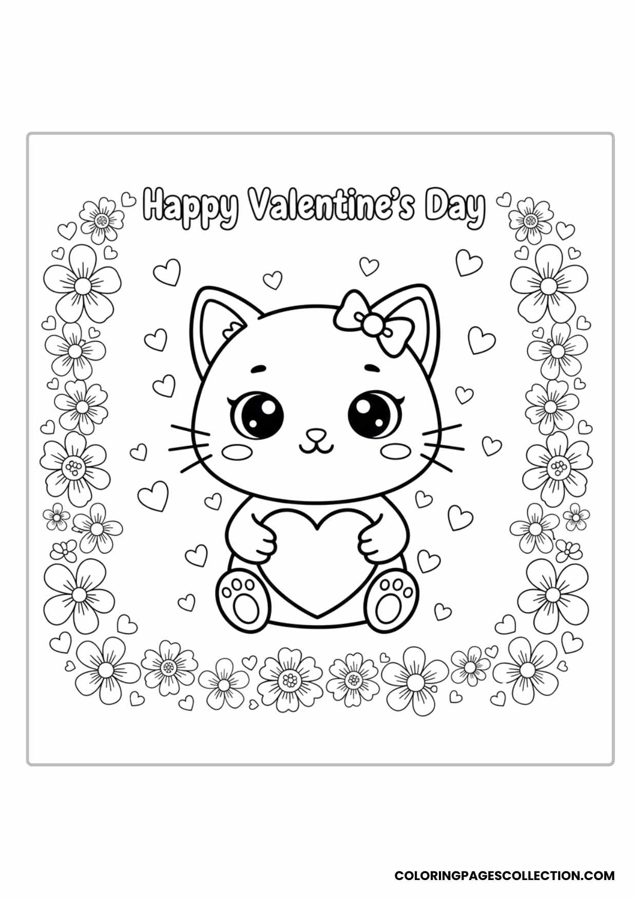 Kawaii Style Cute Cat Holding Heart Happy Valentine’s Day Coloring Page