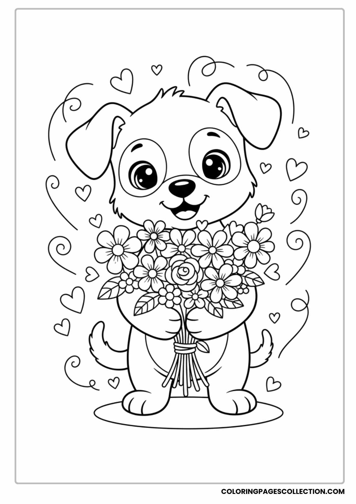 Cute Cartoon Puppy Holding Flower Bouquet Valentine Coloring Page for Kids