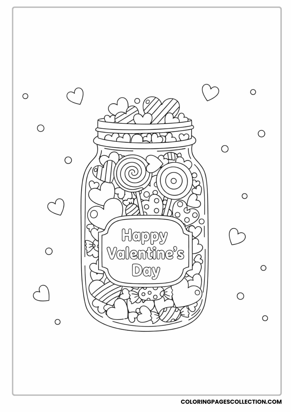 Mason Jar Filled With Hearts and Candies Valentine Coloring Page Printable