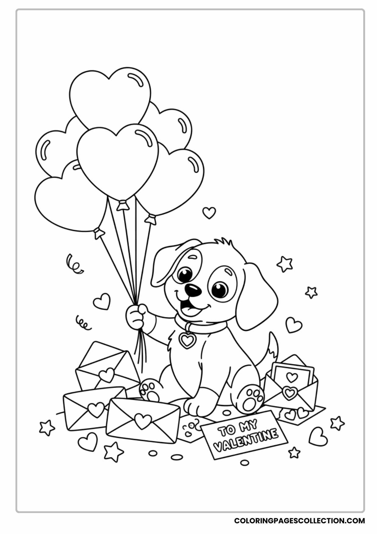 Valentine’s Day Puppy With Heart-shaped Balloons and Love Letters Coloring Page