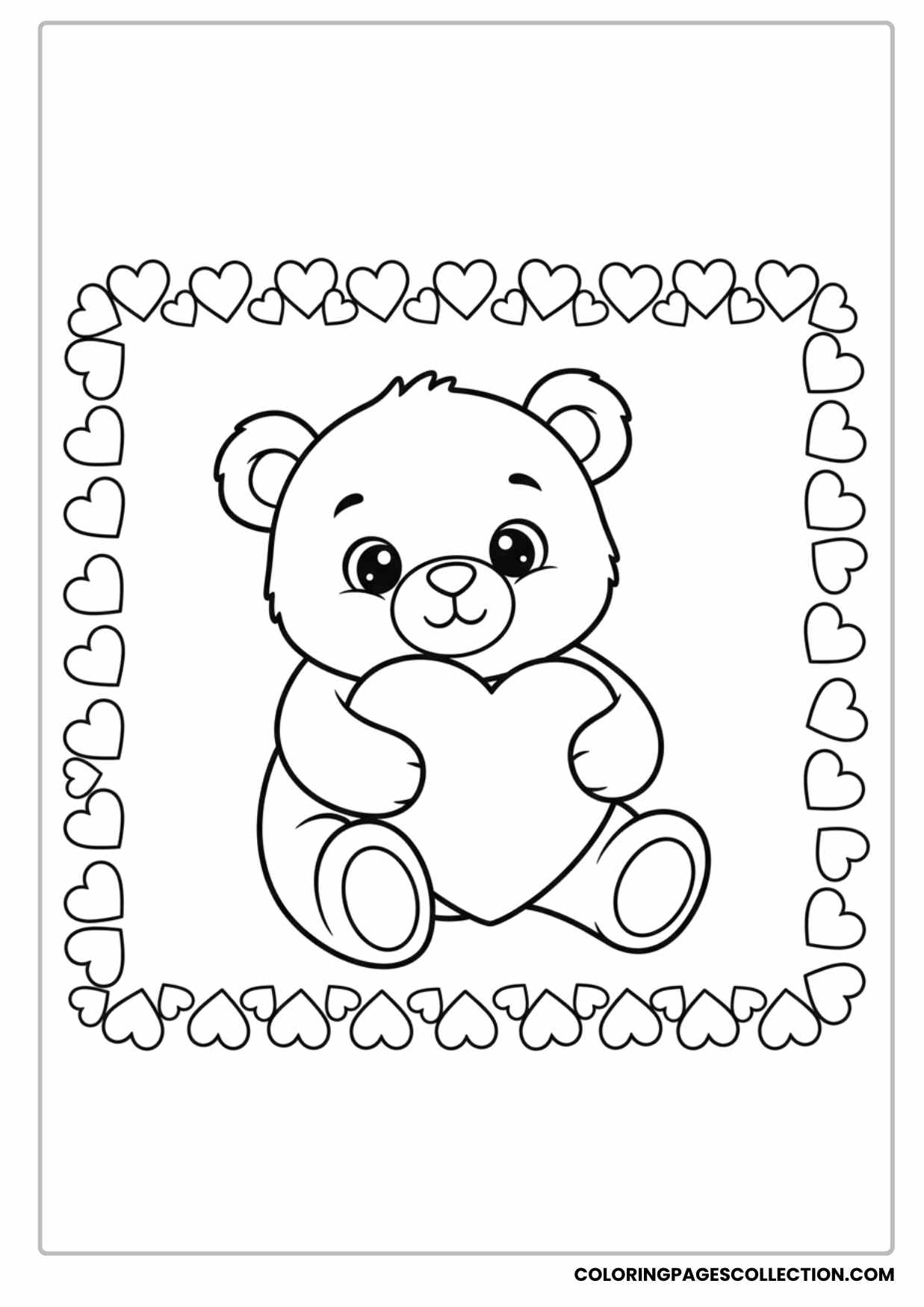 Cute Teddy Bear Hugging Large Heart Valentine Coloring Sheet for Children