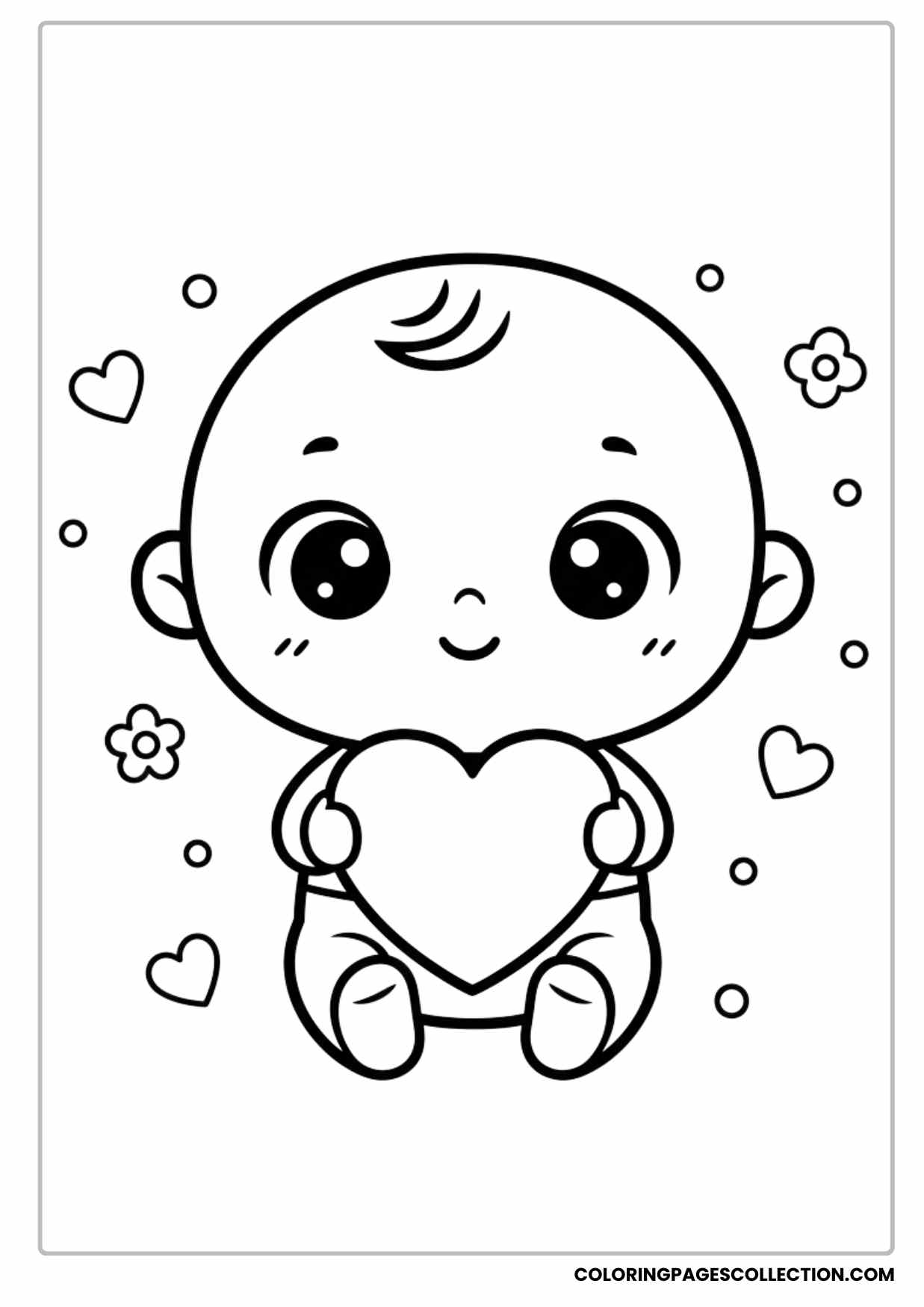 Cute Baby Cartoon Character Holding Heart Valentine Coloring Page for Toddlers