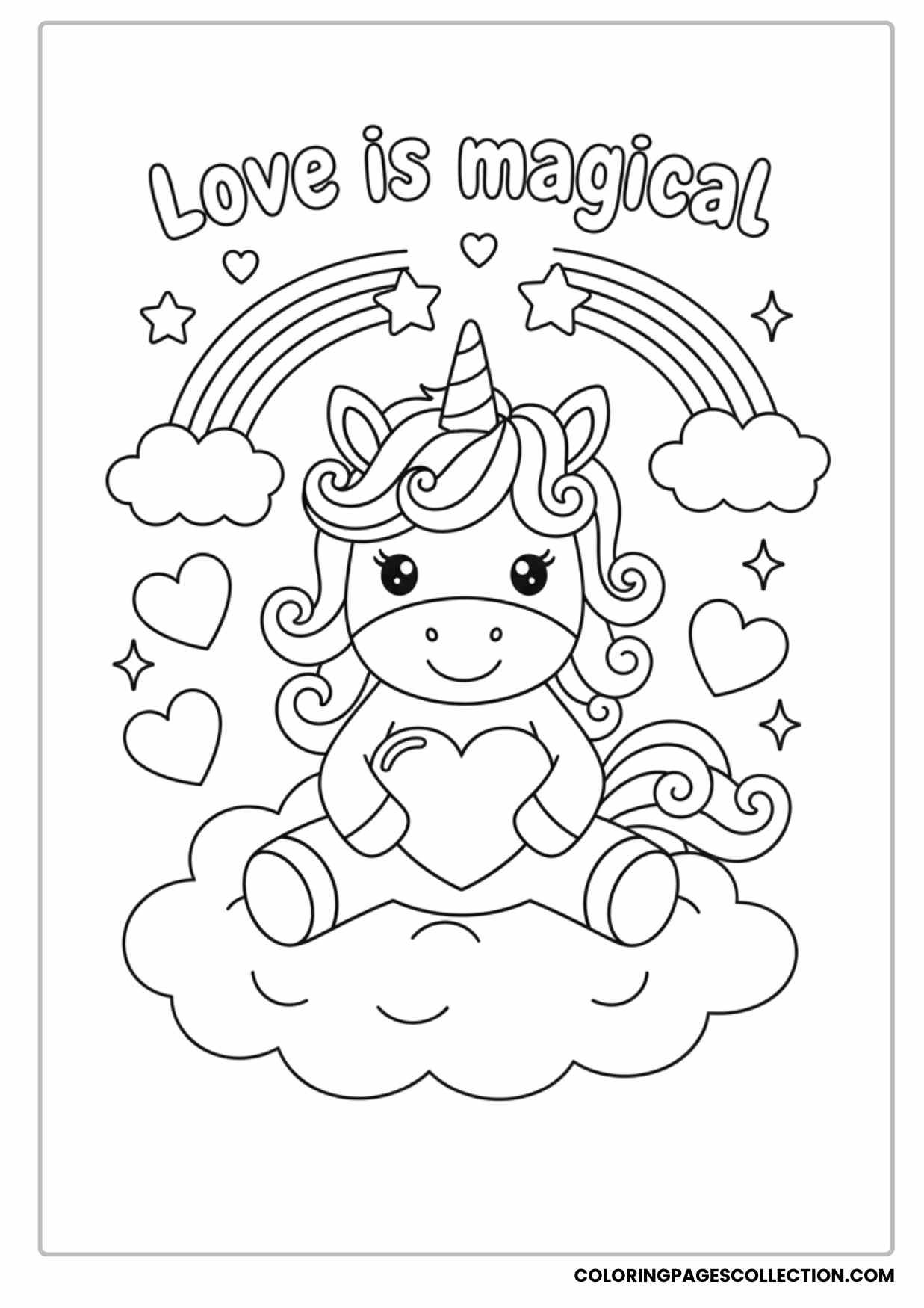 Cute Unicorn Sitting With Hearts Love is Magical Valentine Coloring Page