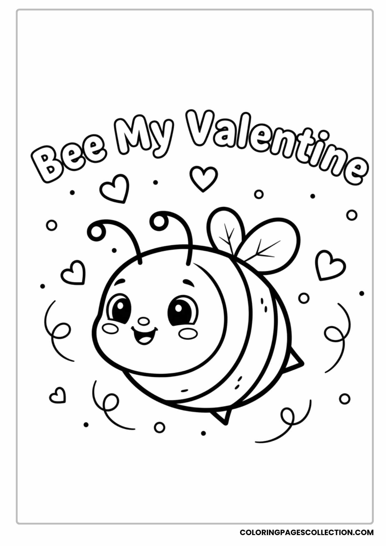 Cute Smiling Bee With Bee My Valentine Text Coloring Page for Kids
