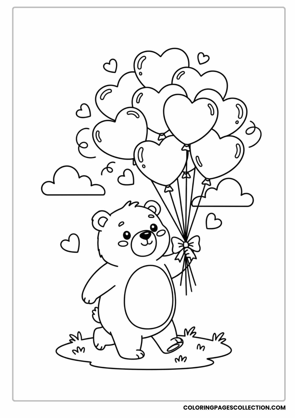 Cute Bear Walking Outdoors Holding Heart Balloons Valentine Coloring Page
