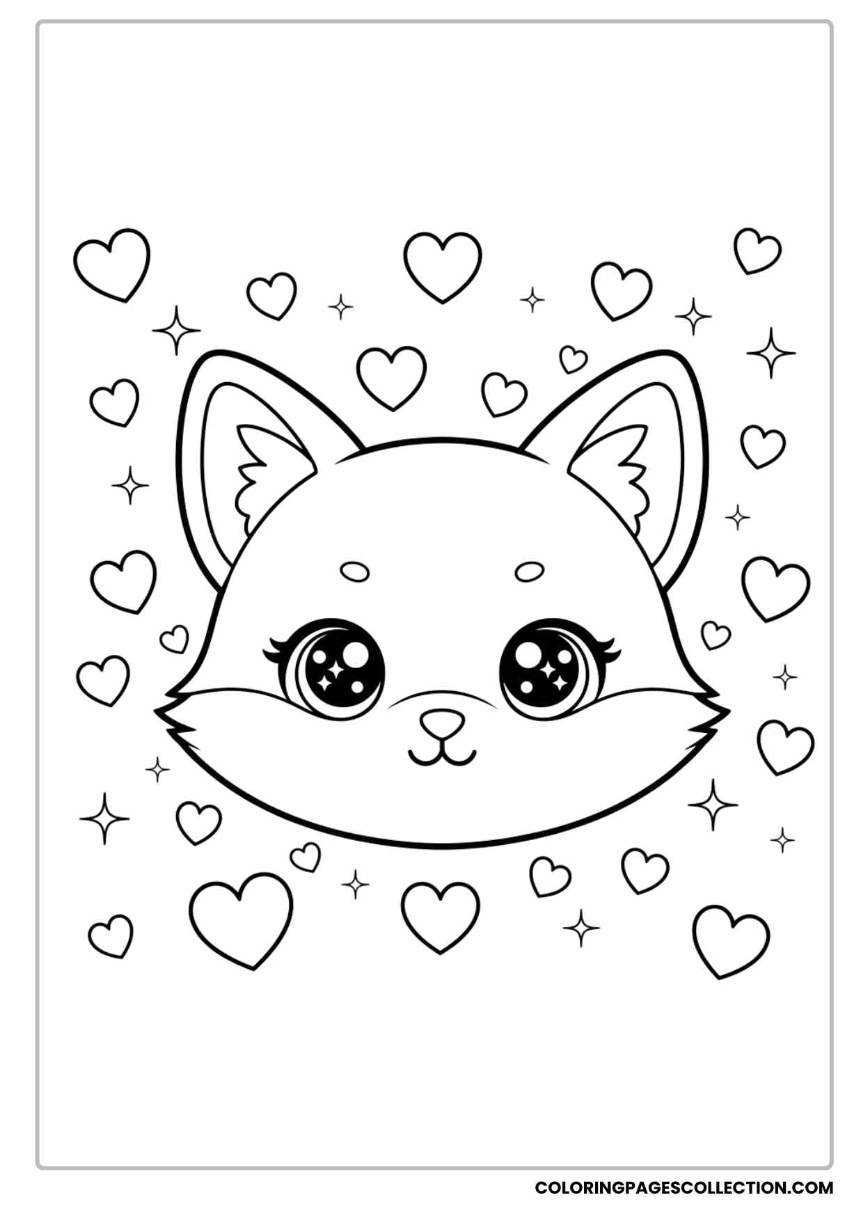 Kawaii Animal Face With Big Eyes Valentine Coloring Page Printable for Kids