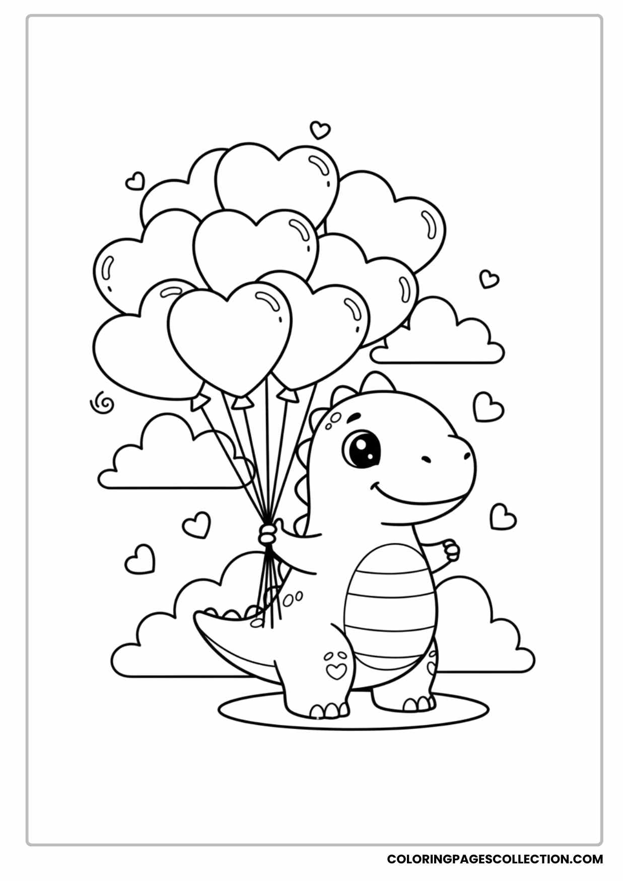 Cute Cartoon Dinosaur Holding Heart Balloons Valentine Coloring Page for Kids