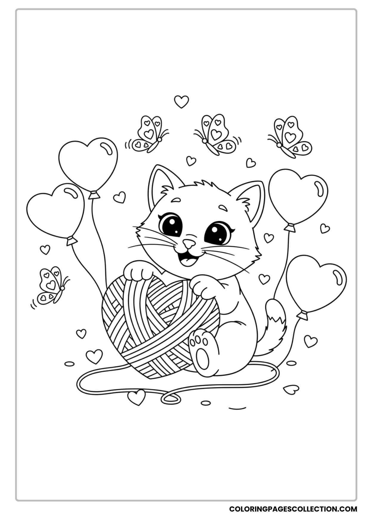 Playful Kitten With Heart Yarn and Butterflies Coloring Sheet