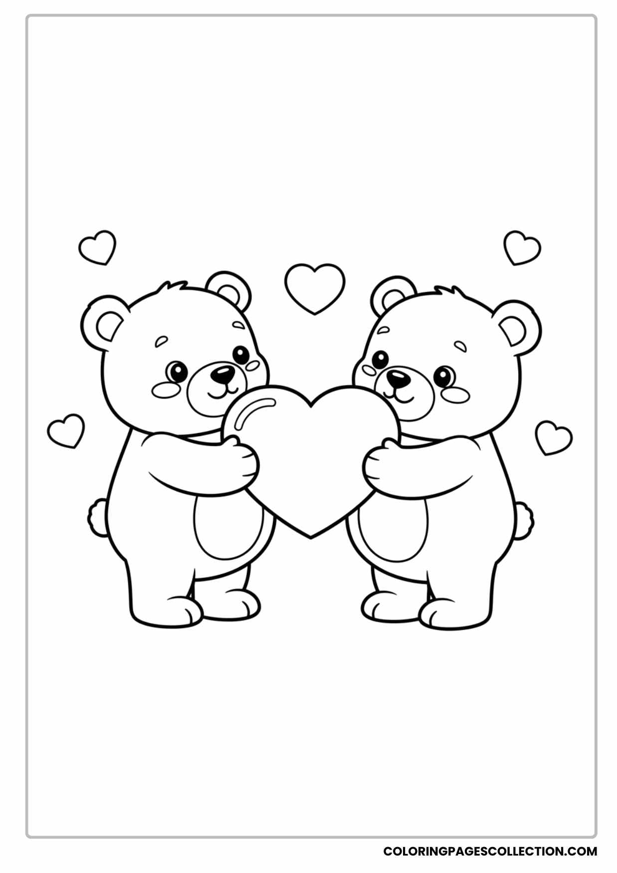 Two Cute Teddy Bears Holding Heart Together Valentine Coloring Page