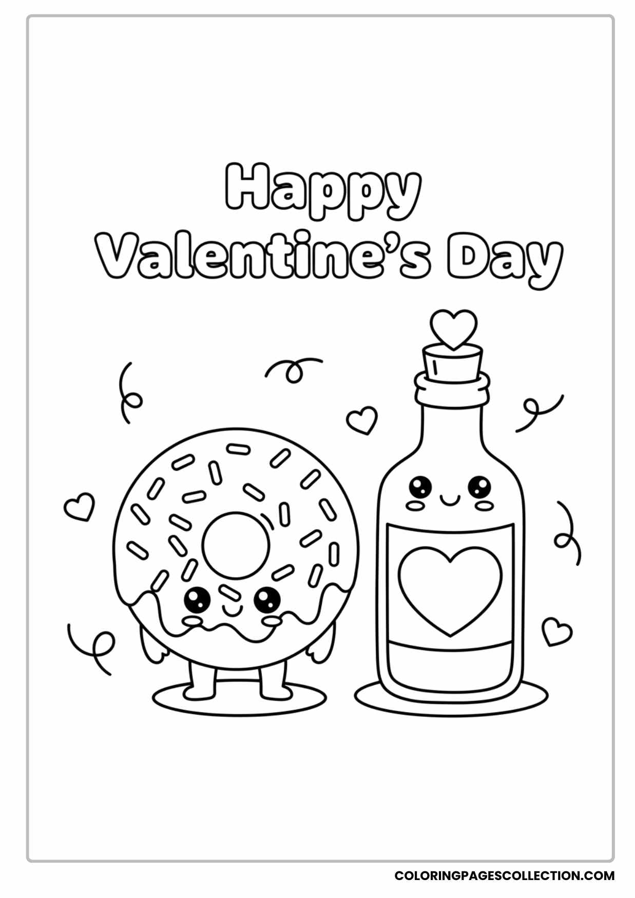 Cute Donut Character With Happy Valentine’s Day Text Coloring Sheet