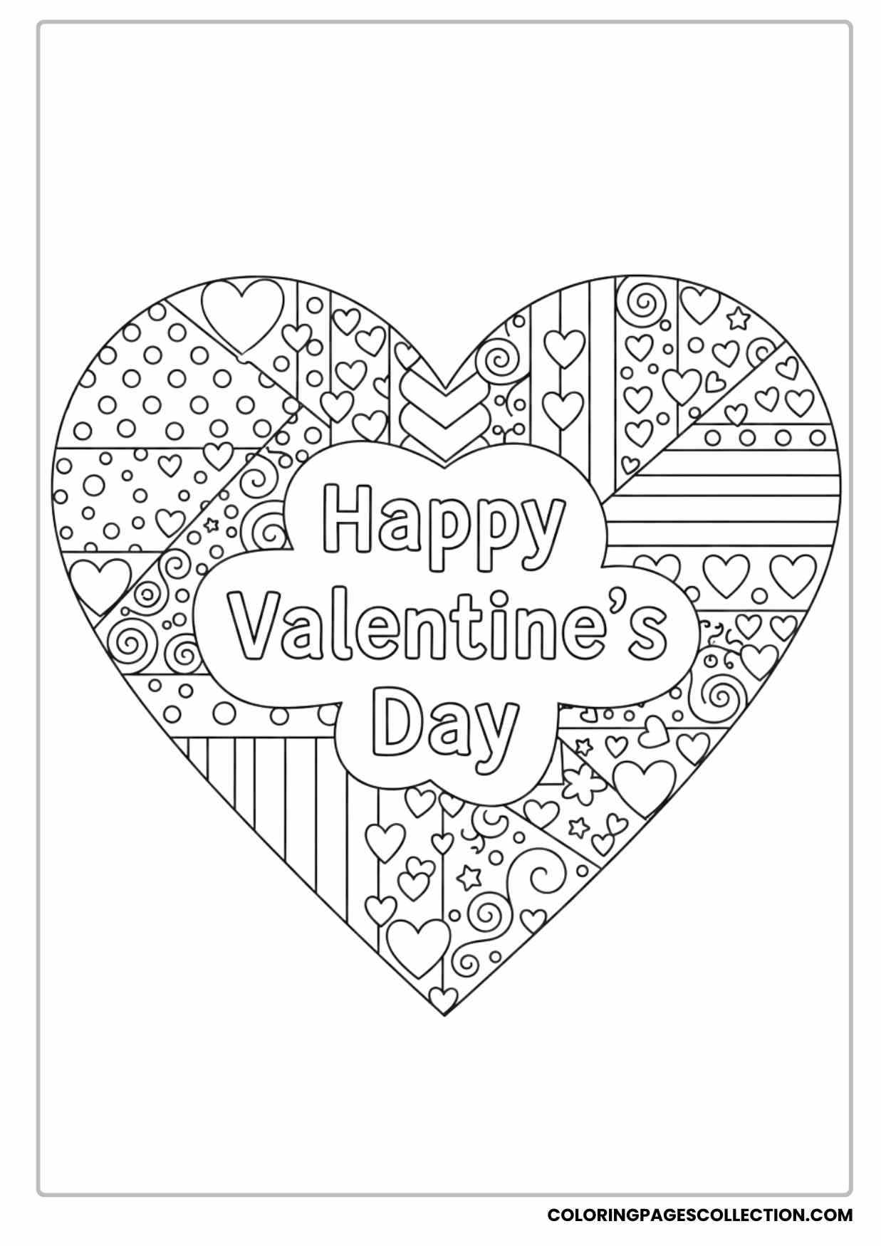 Large Decorative Heart With Patterns Happy Valentine’s Day Coloring Page