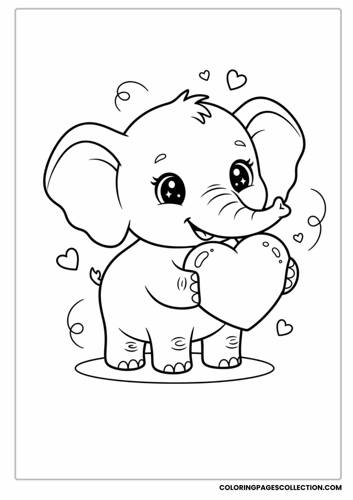 Cute Baby Elephant Holding Heart Valentine Coloring Page Printable for Kids