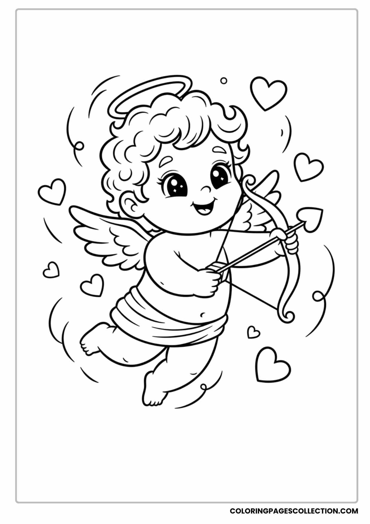 Cute Cupid Angel Flying With Hearts Valentine Coloring Page for Kids