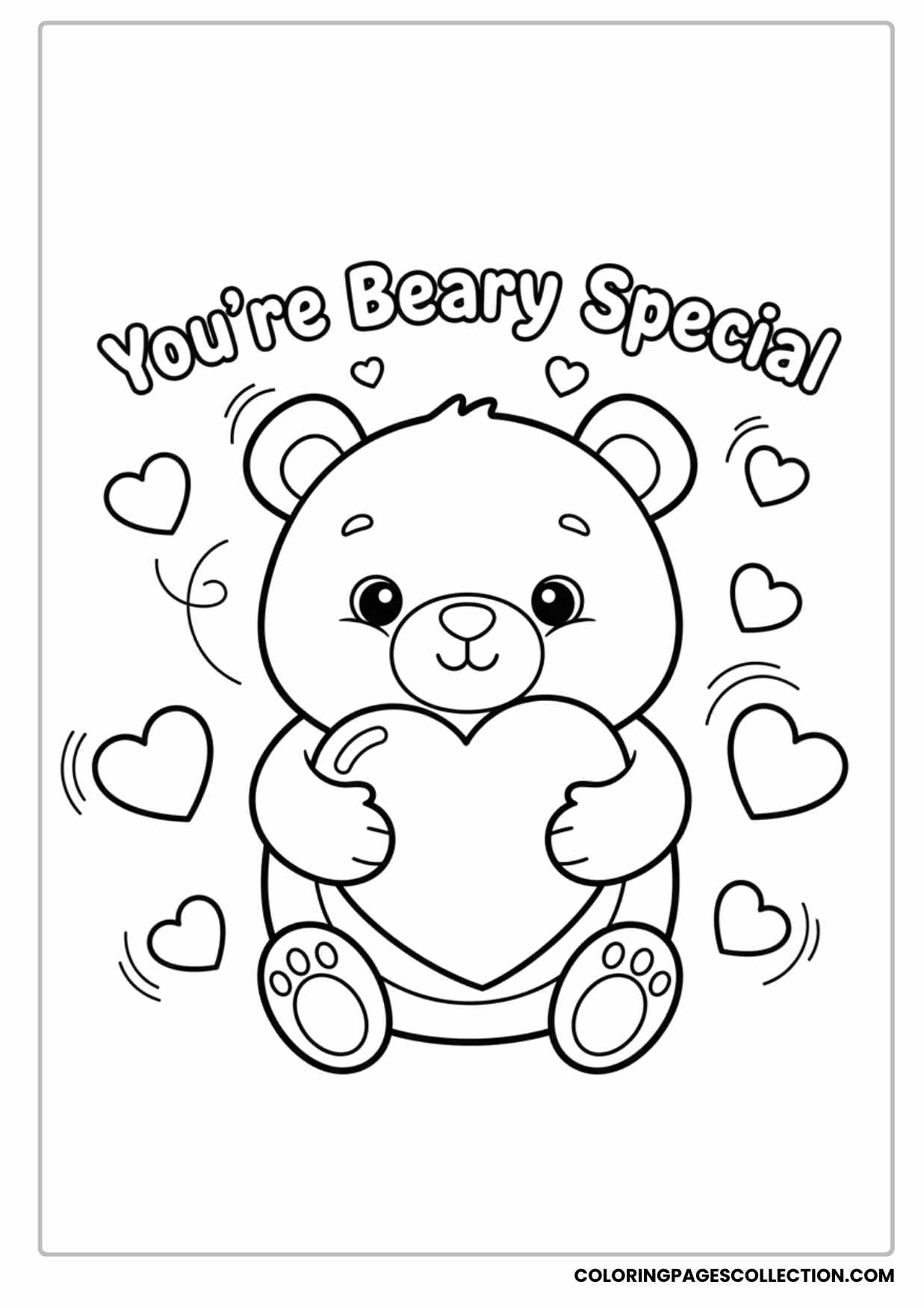 Cute Teddy Bear Hugging Heart With You’re Beary Special Text Coloring Page