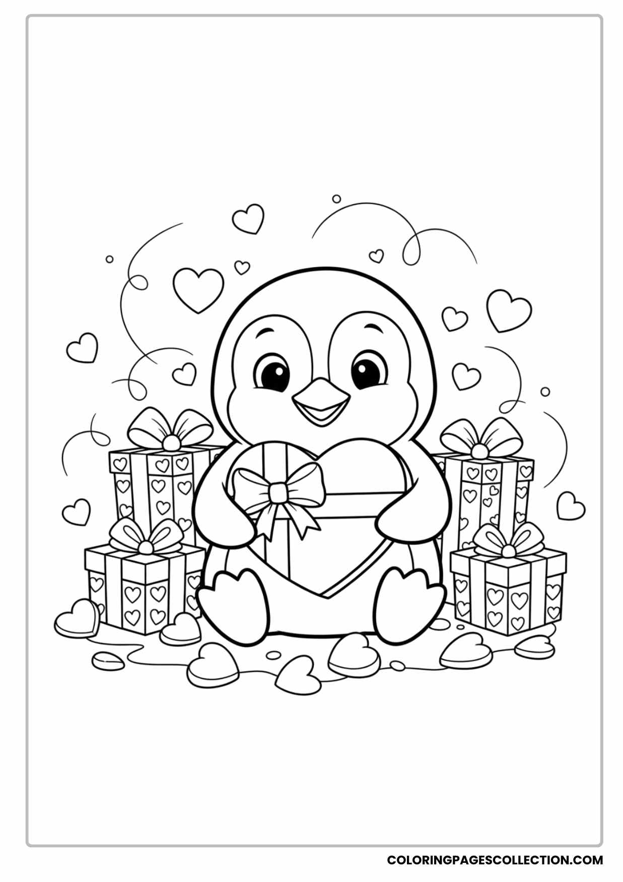 Penguin With Heart Gifts and Candies Coloring Page