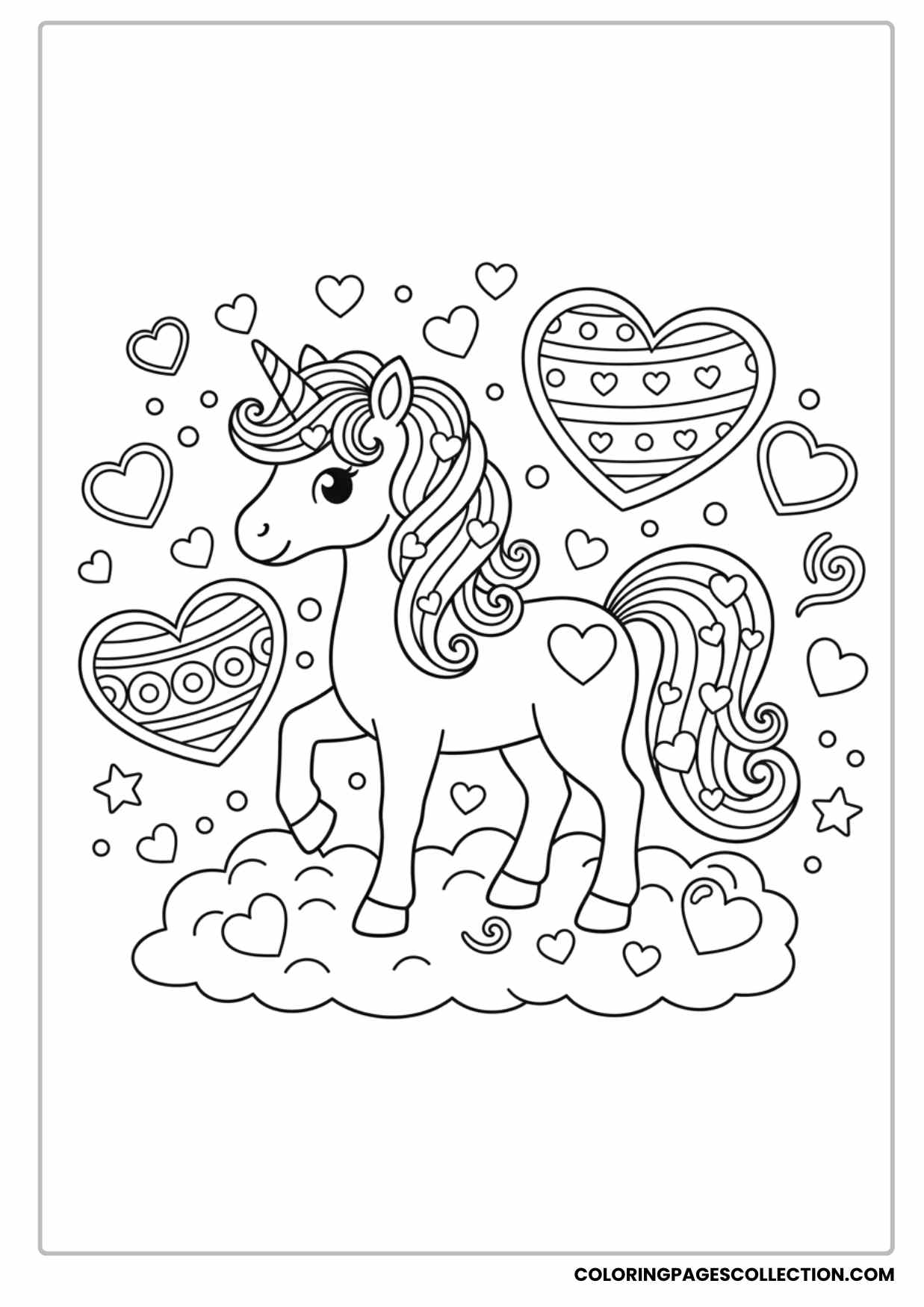 Valentine’s Day Unicorn With Hearts and Stars Coloring Sheet
