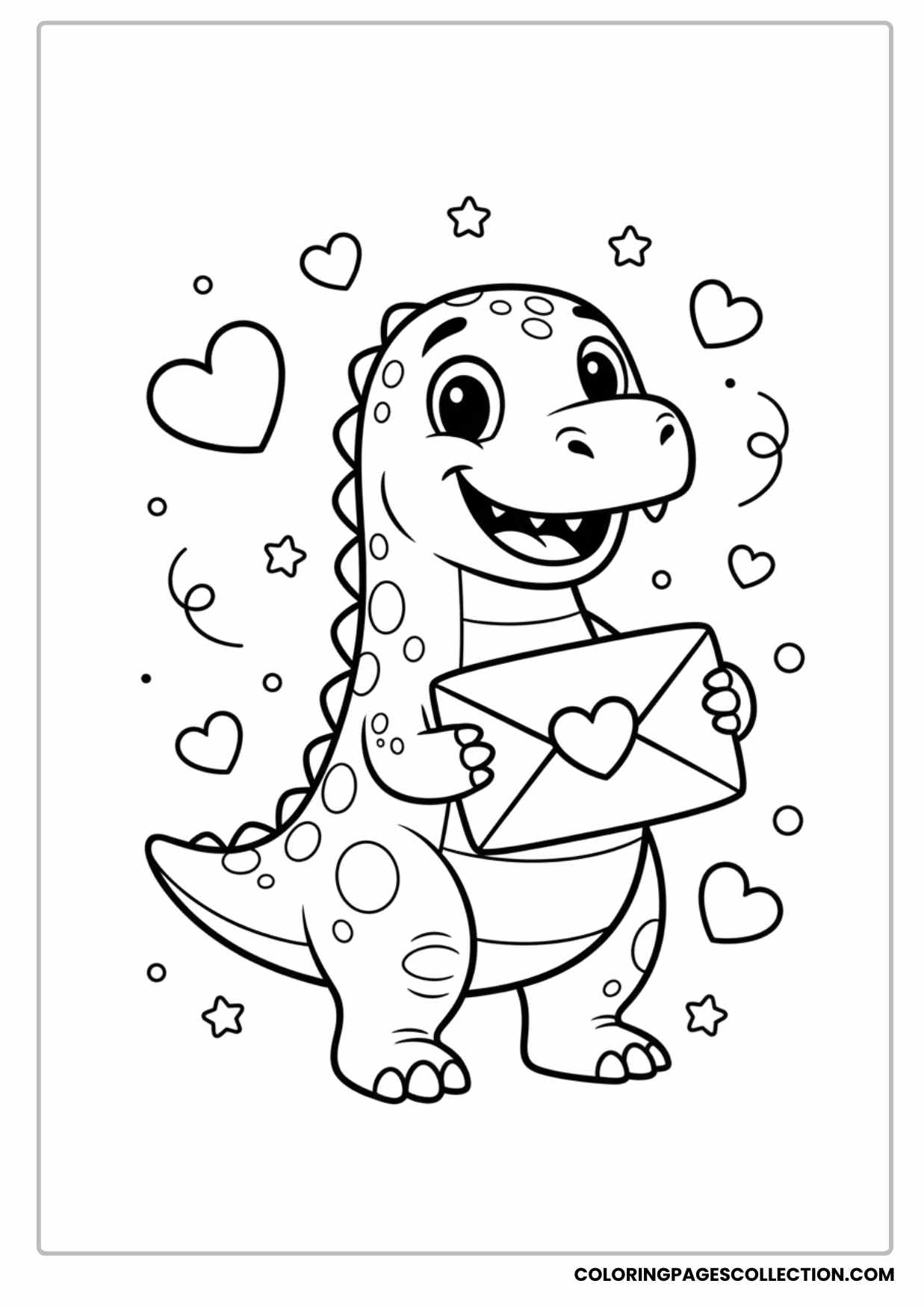 Dinosaur Holding a Heart Envelope Coloring Page