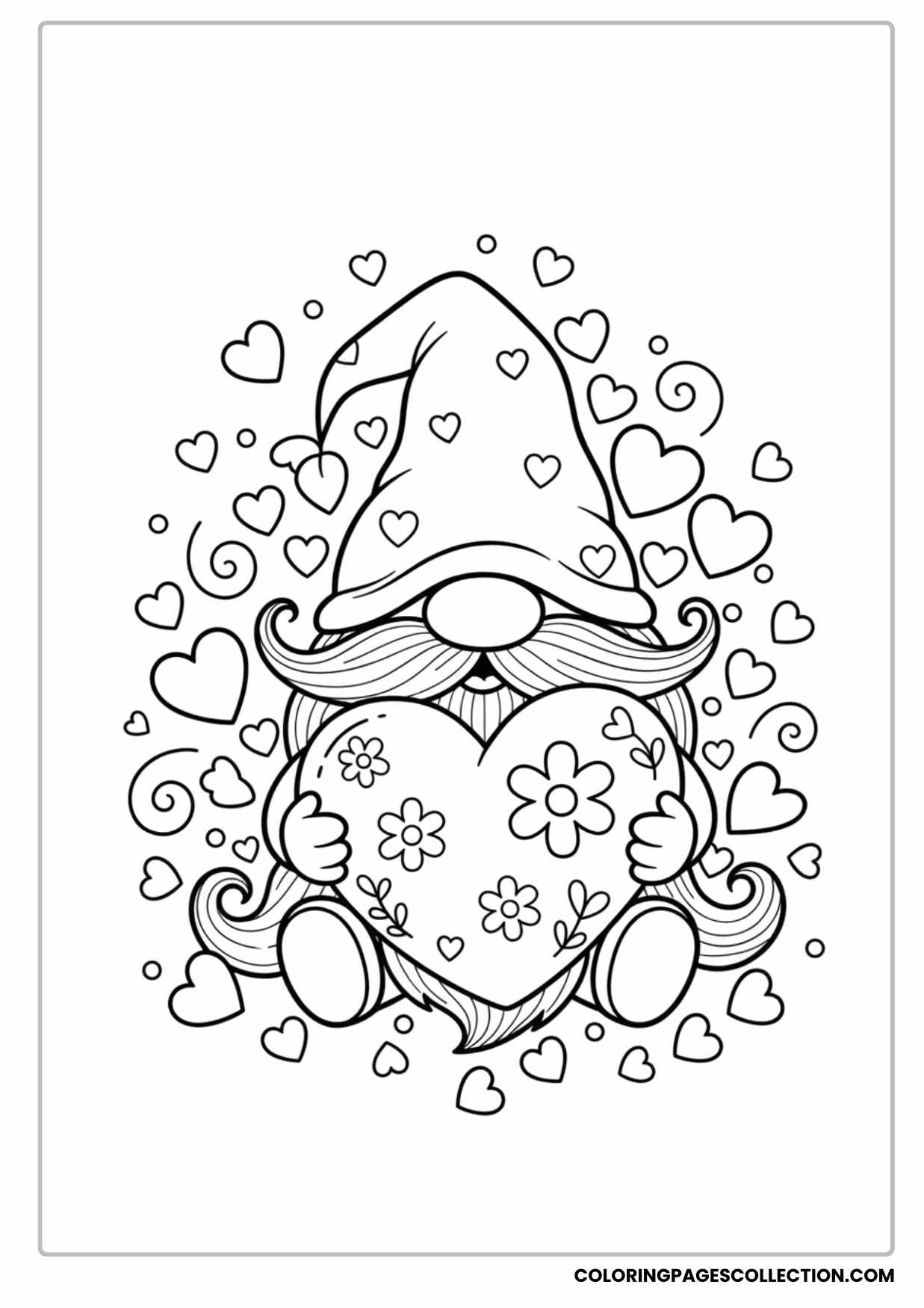 Cartoon Gnome Holding a Huge Heart With Flowers and Heart Coloring Page