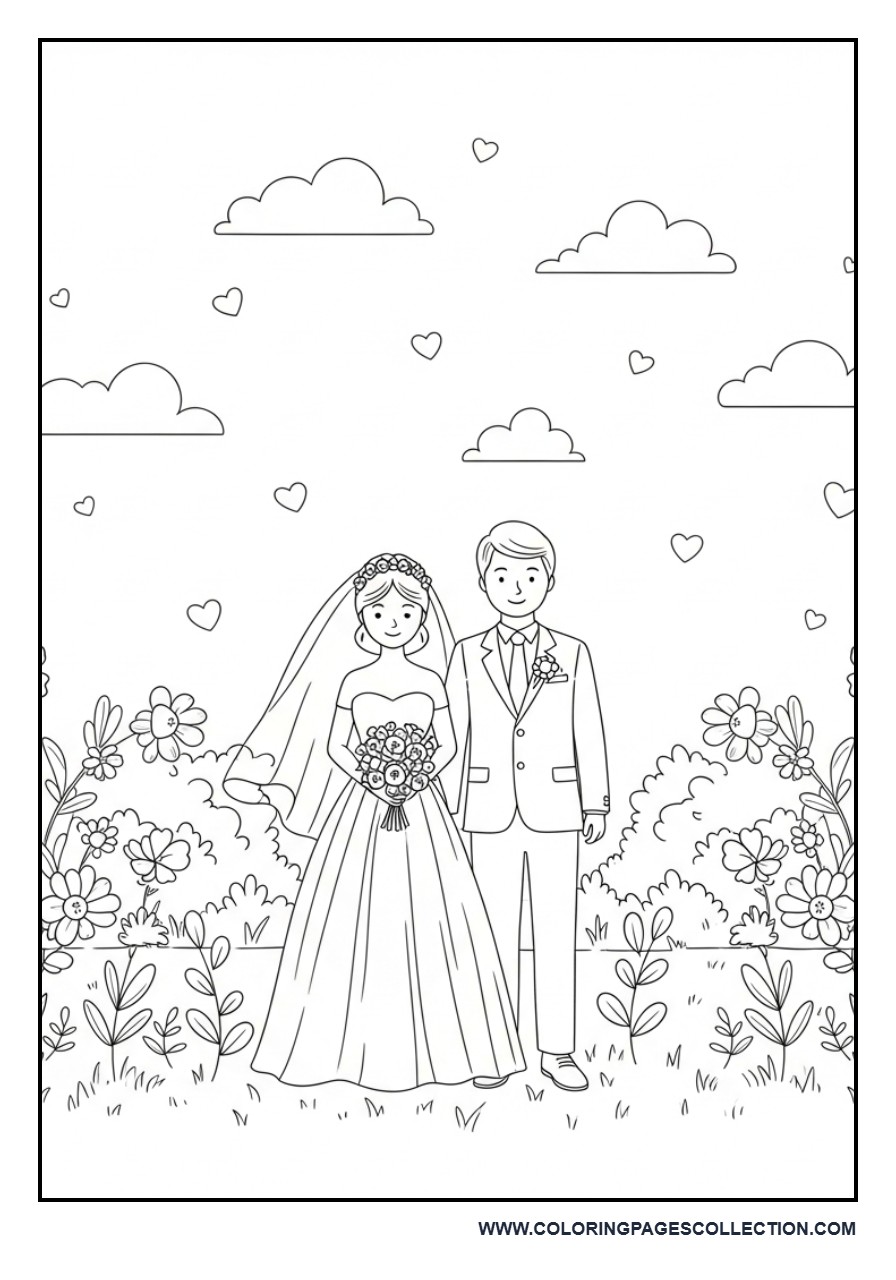 Aesthetic Wedding Couple Scene Coloring Page