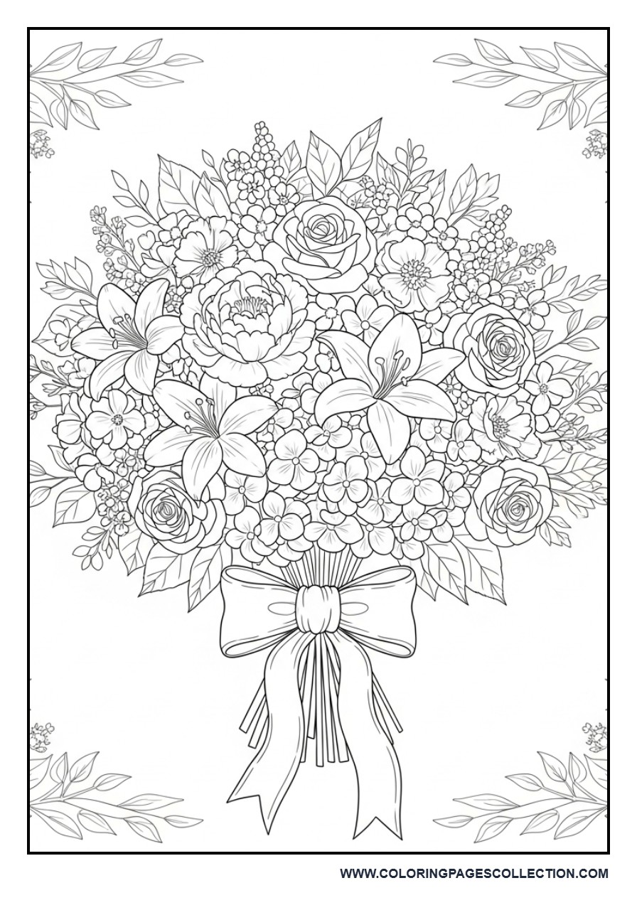 Bridal Bouquet Close-Up Floral Scene Coloring Page
