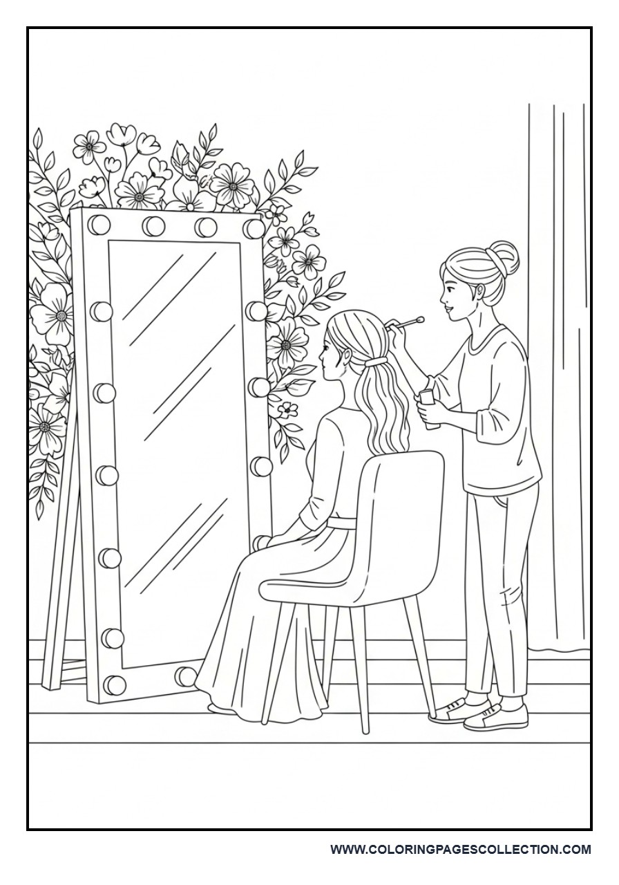 Bridal Makeup and Dress Room Scene Coloring Page