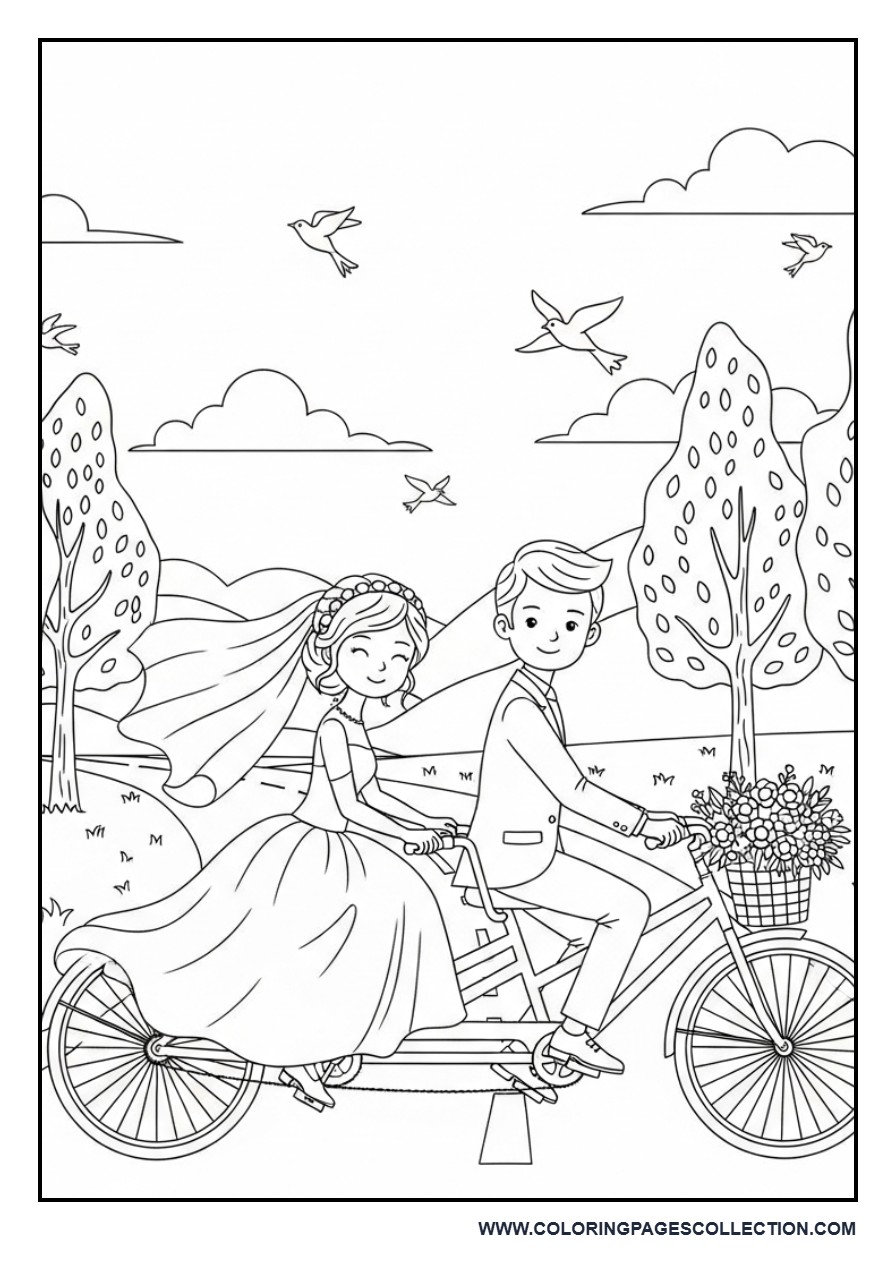 Bride and Groom Bicycle Wedding Scene Coloring Page