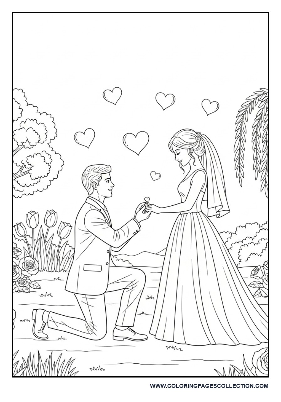Bride and Groom Proposal Moment Coloring Page