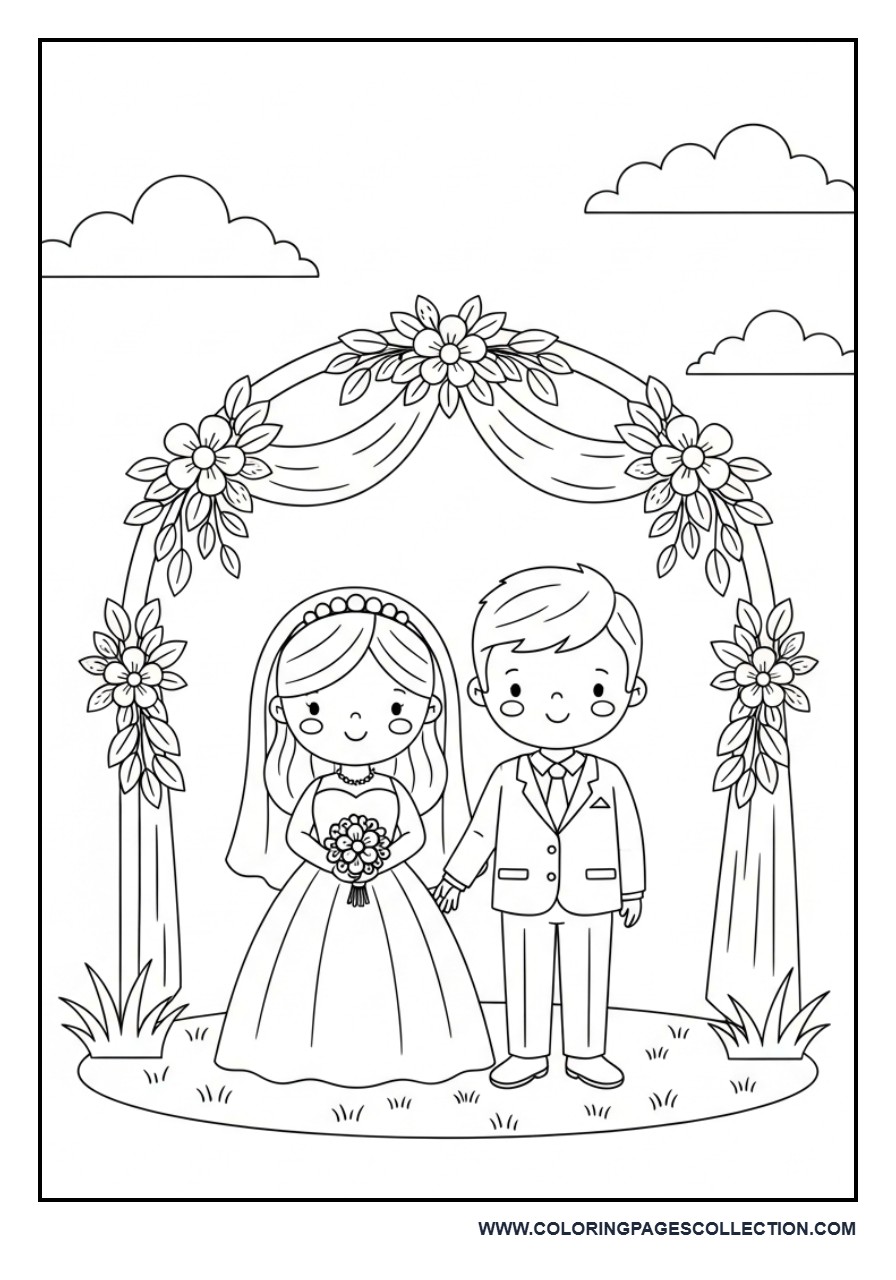Bride and Groom Under Wedding Arch Coloring Page