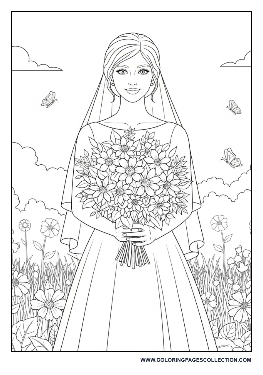 Bride Holding Bouquet Garden Scene Coloring Page