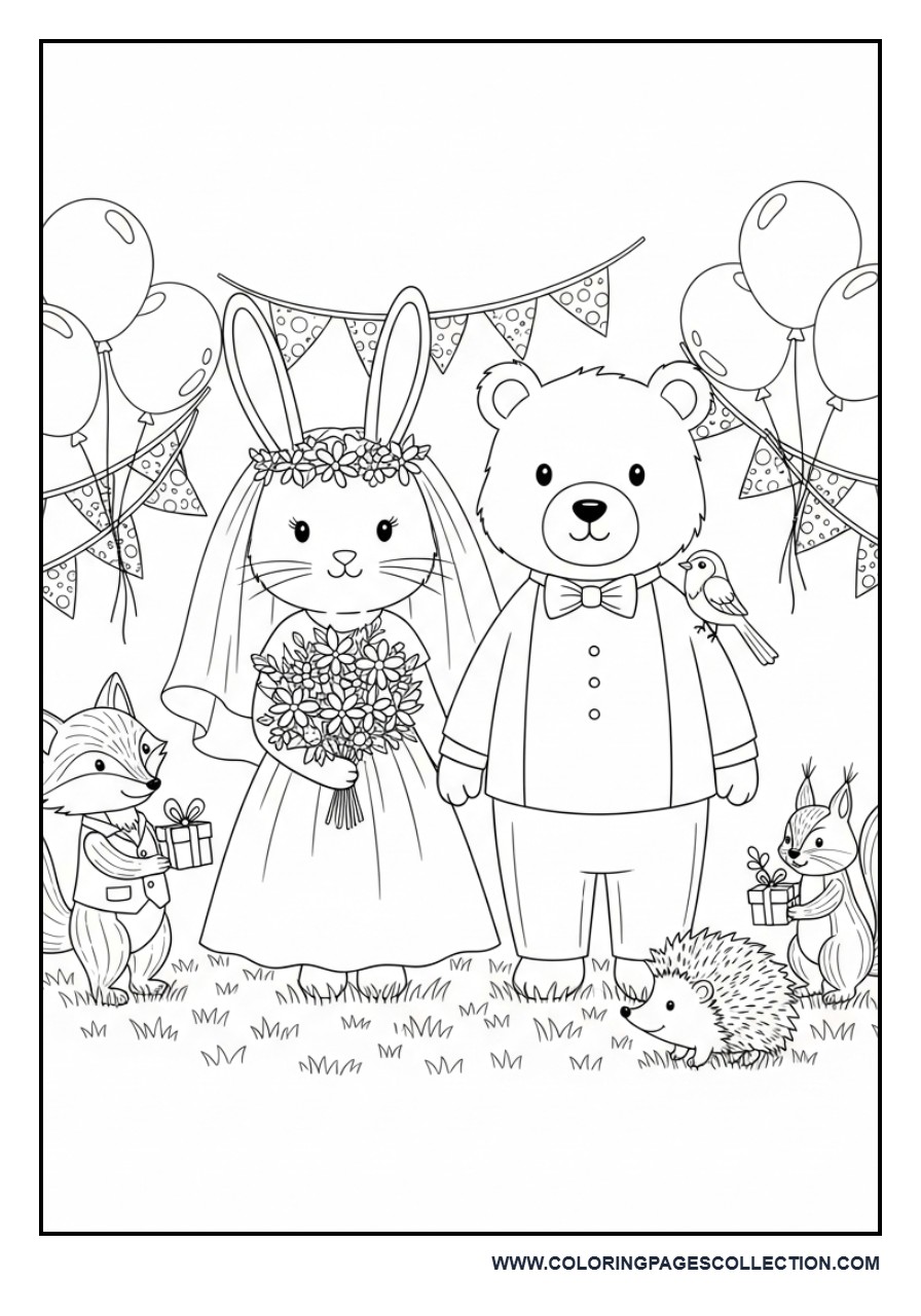 Cute Animal Wedding Party Scene Coloring Page