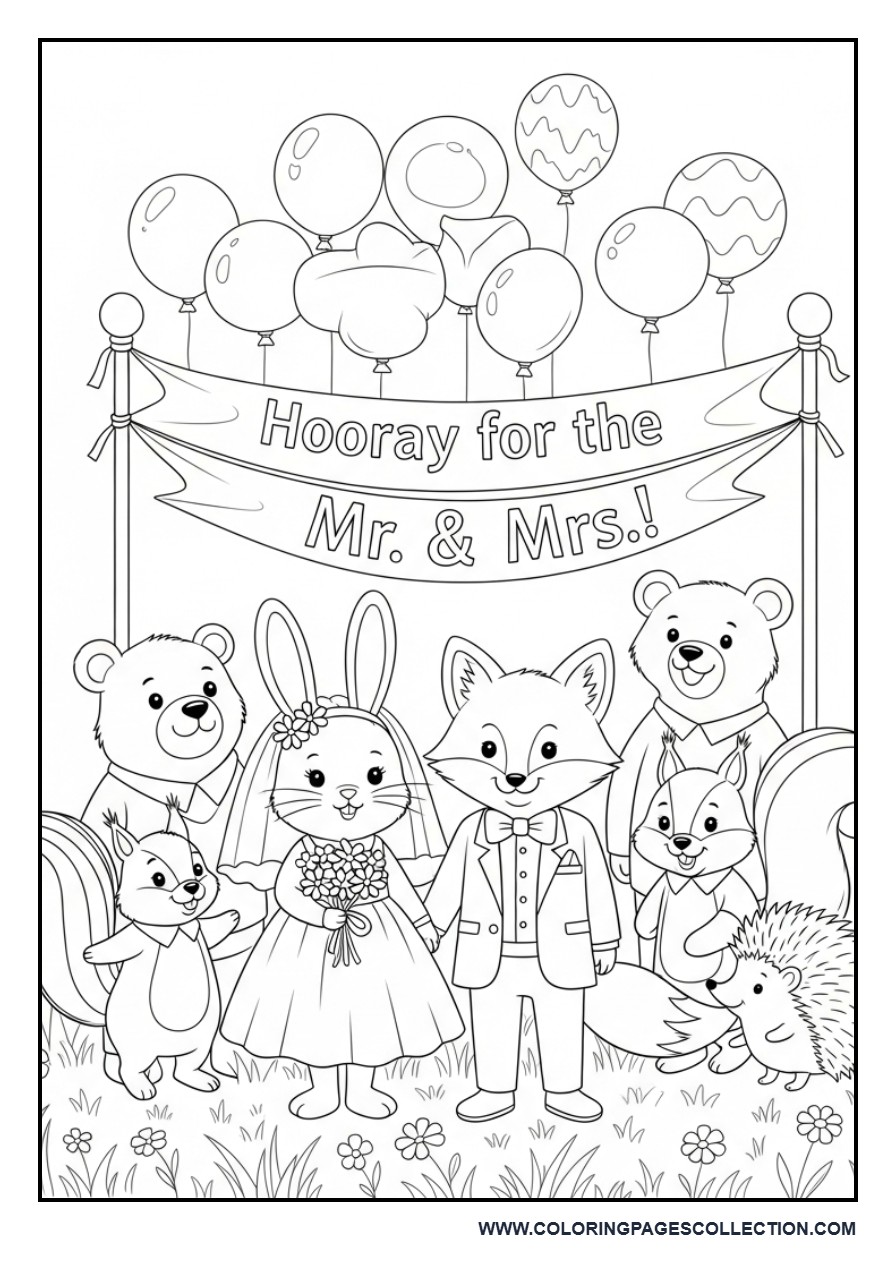 Cute Wedding Animals Celebration Scene Coloring Page