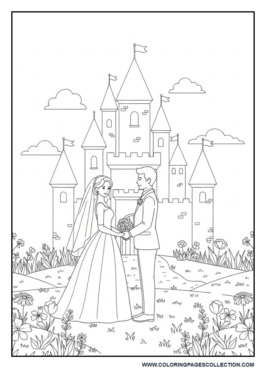 Fairytale Wedding Castle Scene Coloring Page