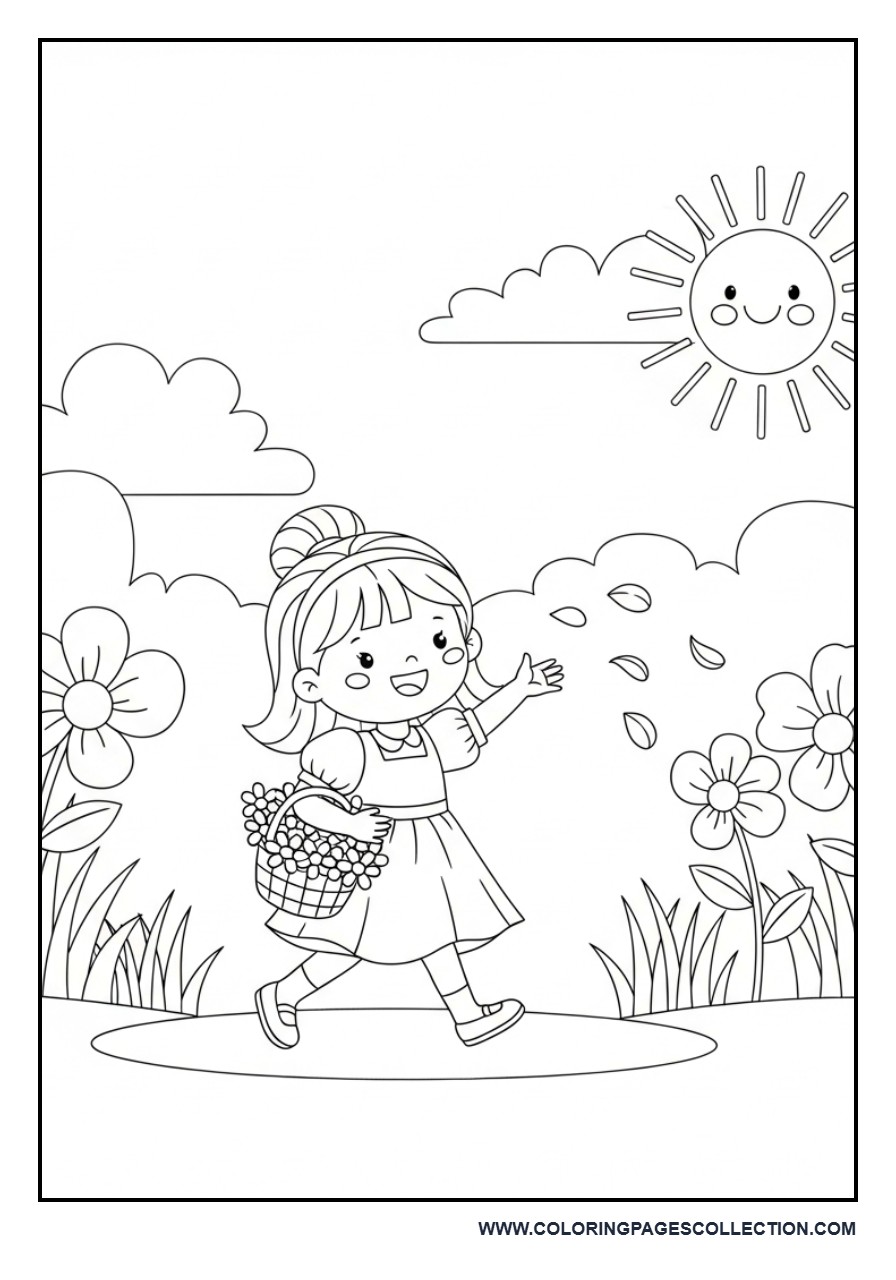 Flower Girl Walking in Wedding Garden Coloring Page