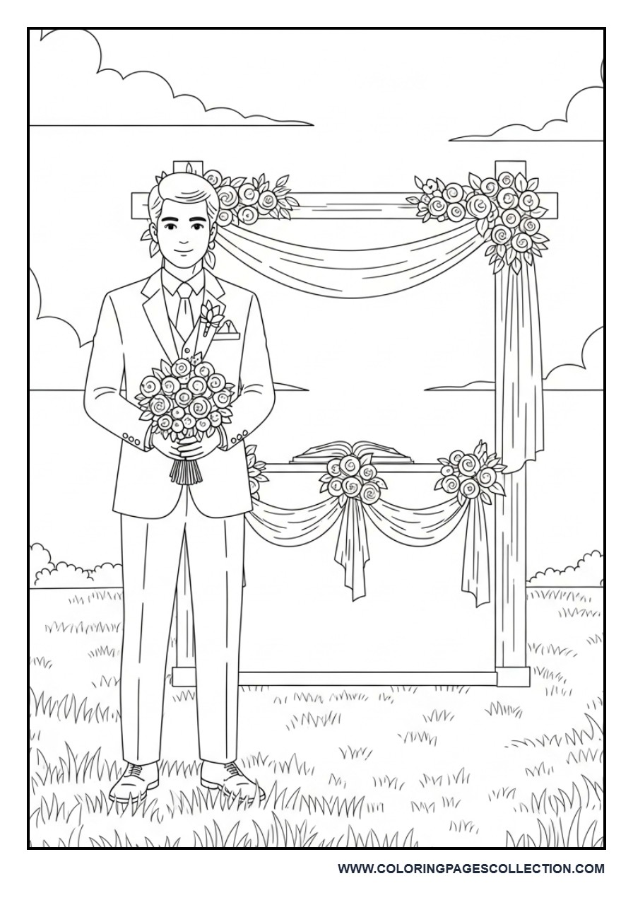 Groom Waiting with Bouquet Coloring Page