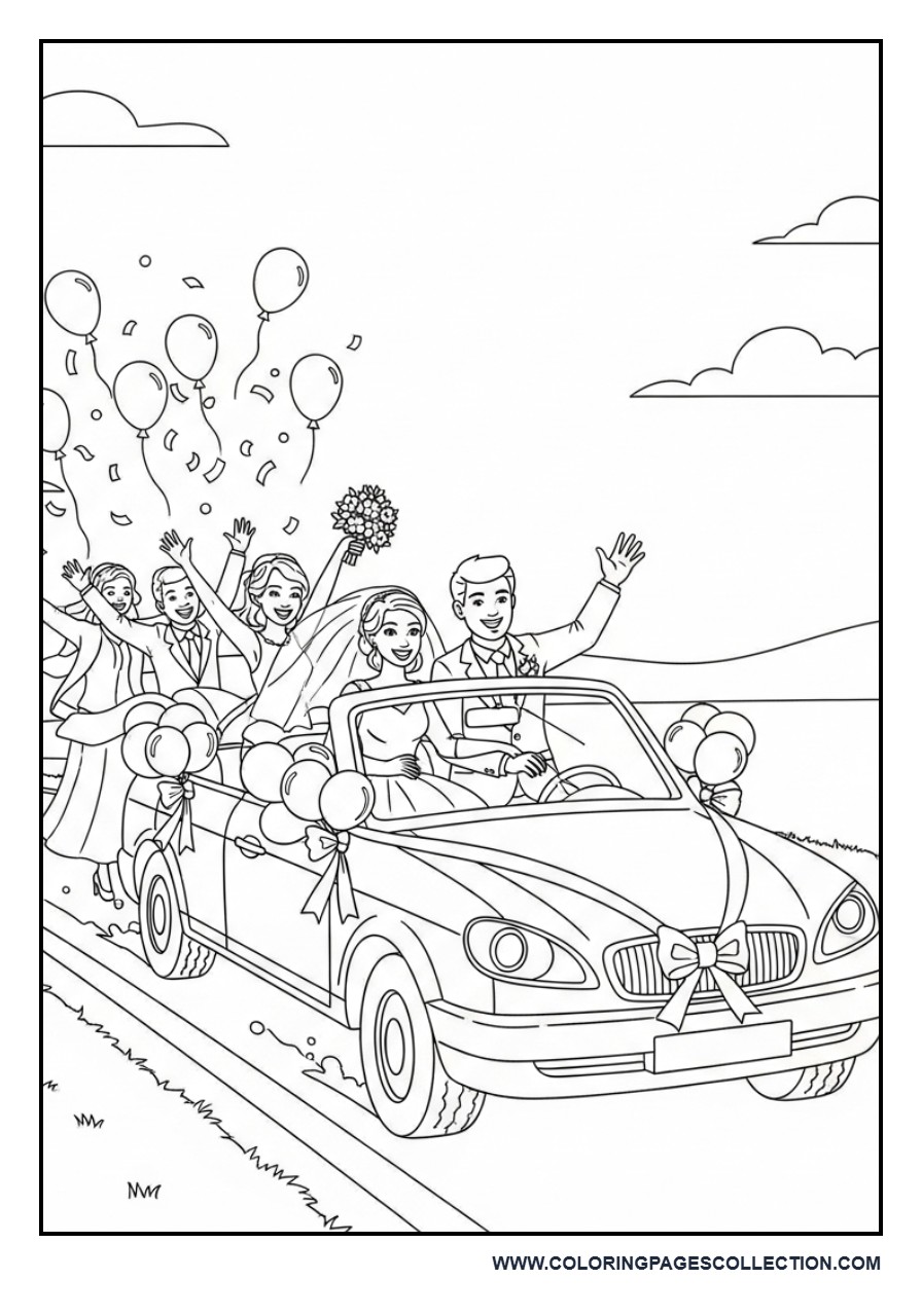Happy Wedding Exit Car Scene Coloring Page