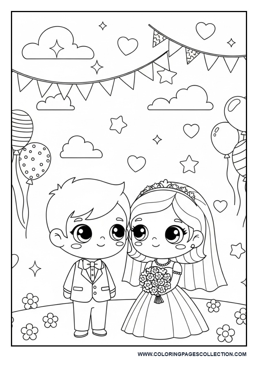 Kawaii Wedding Celebration Scene Coloring Page