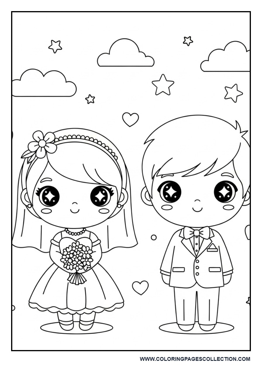 Kawaii Wedding Couple Cute Style Coloring Page