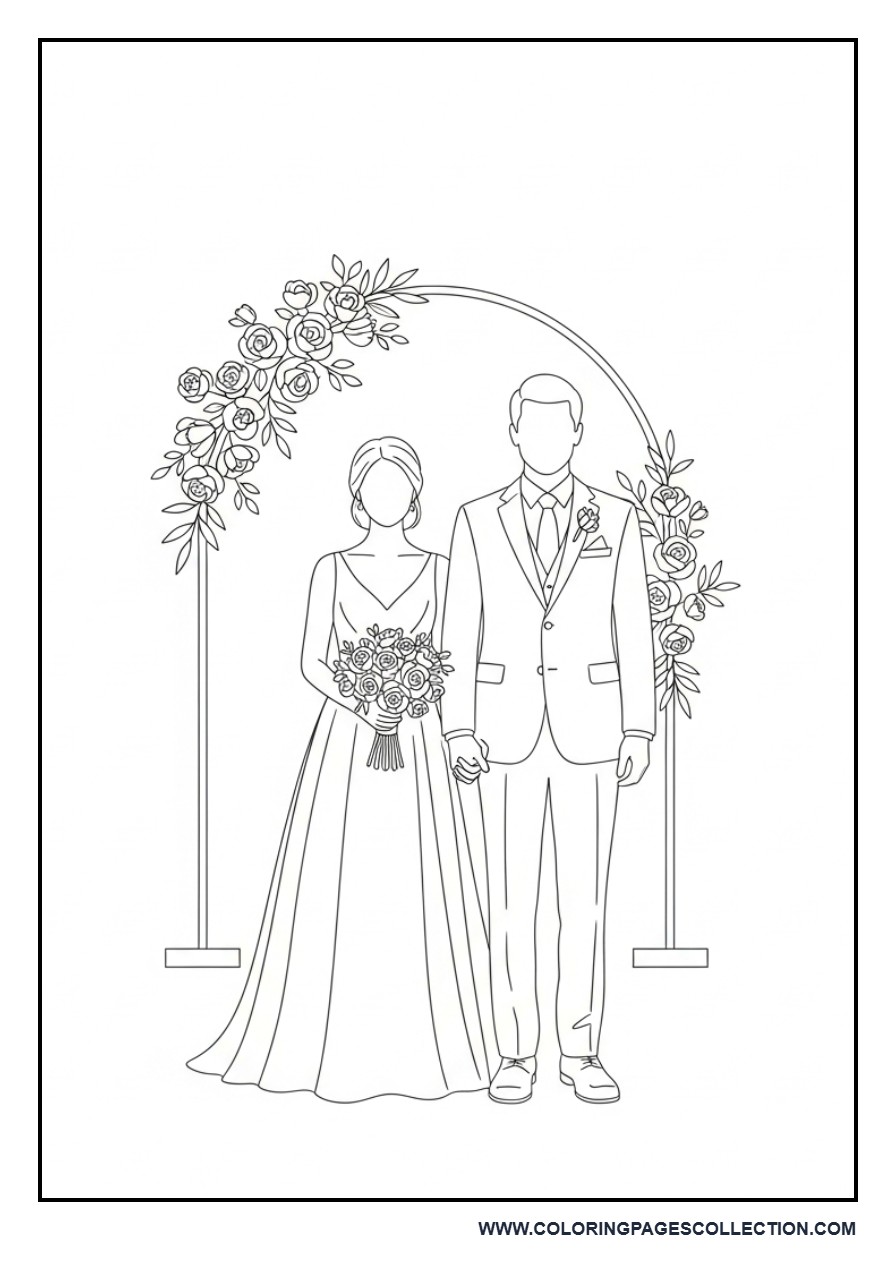 Minimalist Wedding Line Art Scene Coloring Page