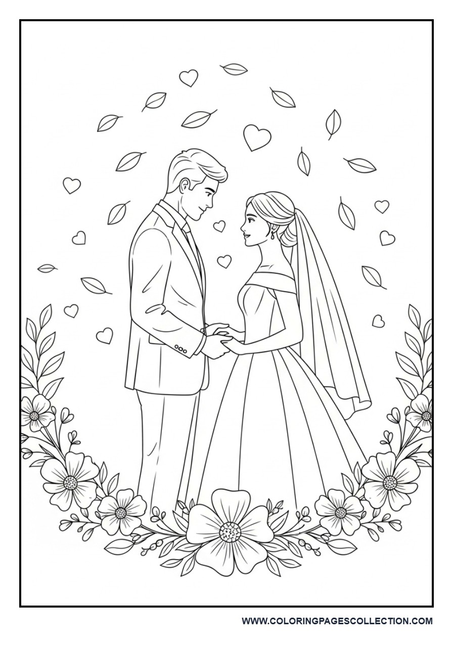 Romantic Couple Line Art Wedding Coloring Page