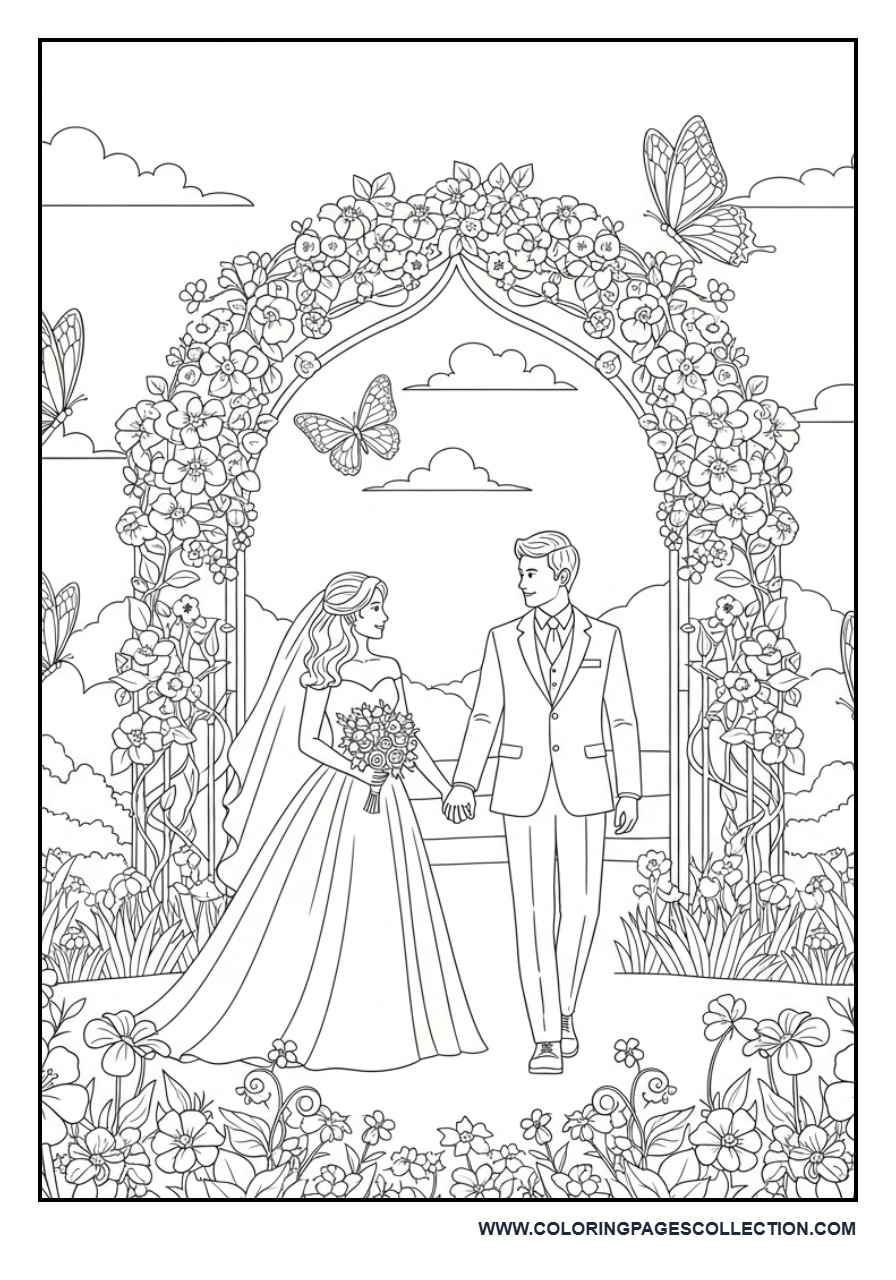 Romantic Garden Wedding Walk Scene Coloring Page