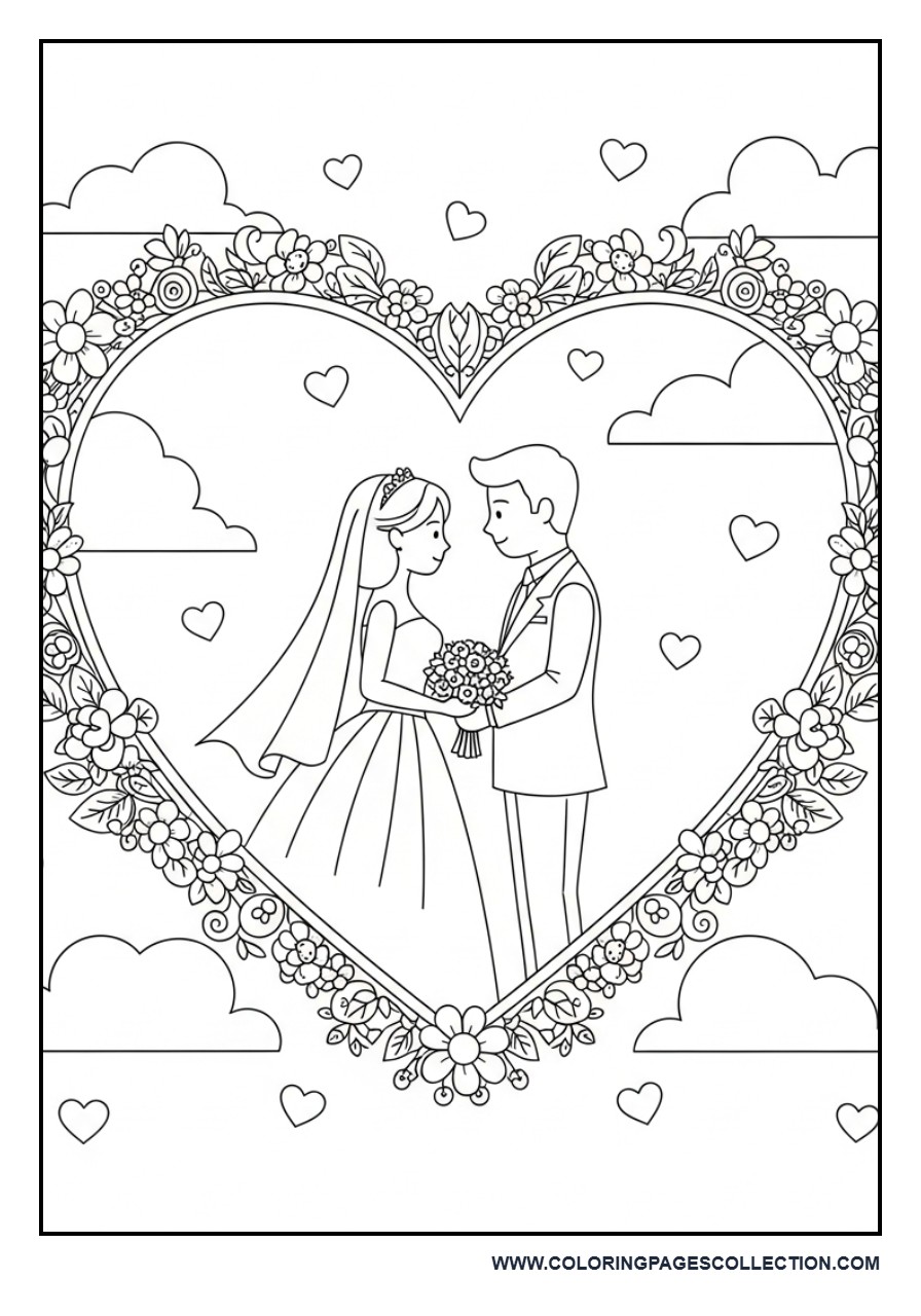 Romantic Heart Frame Wedding Coloring Page