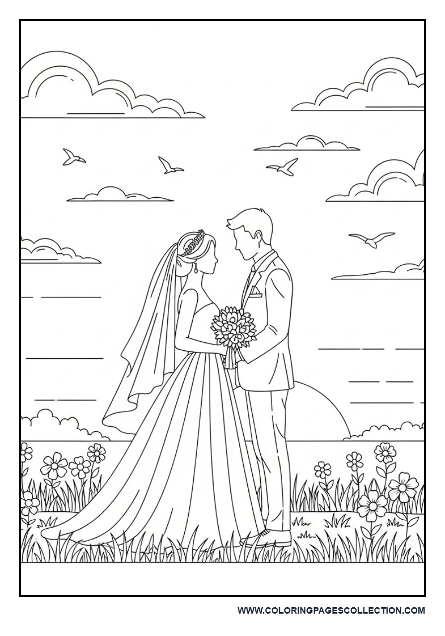 Romantic Sunset Wedding Scene Coloring Page