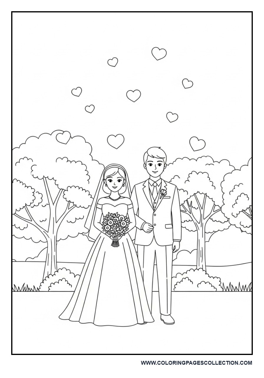 Romantic Wedding Couple Park Scene Coloring Page