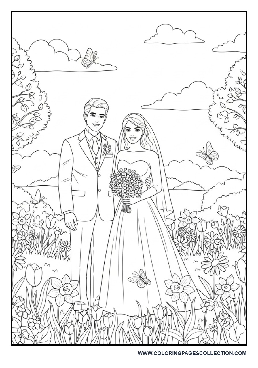 Spring Garden Wedding Scene Coloring Page